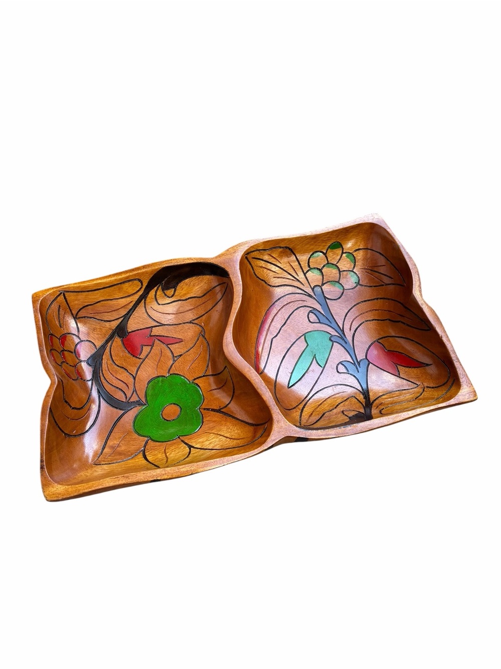 Hand-Carved Wooden Divided Serving Bowl – Hand-Painted Floral Design